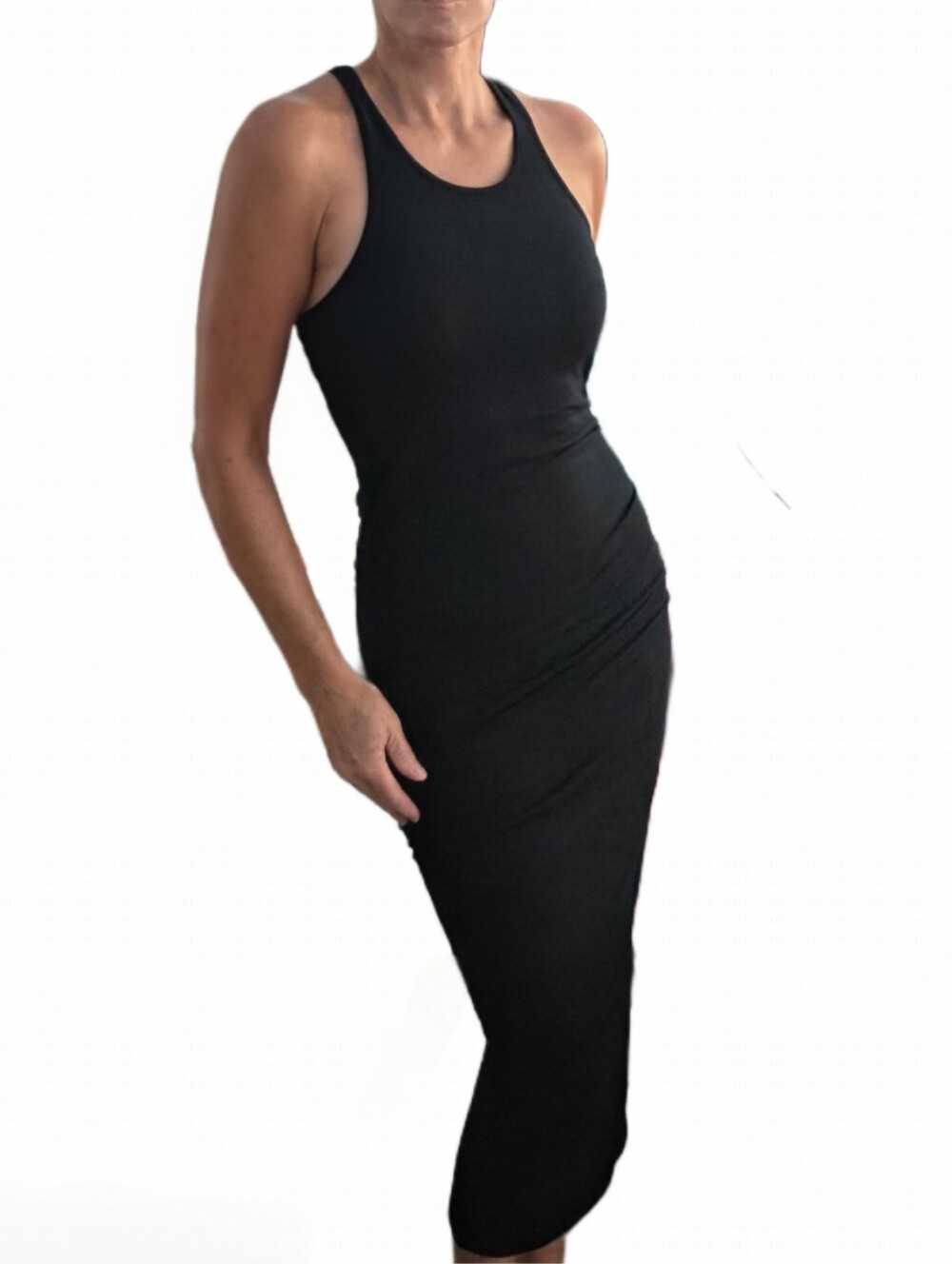 MICHAEL STARS Vivian Black Racerback Midi Dress With Side Ruching - Picture 4 of 13
